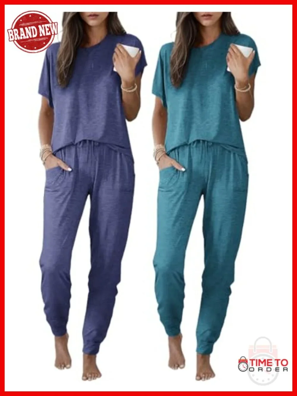 2 Pack Pajama Sets for Women Jogger Pants Short Sleeve Lounge Set Soft